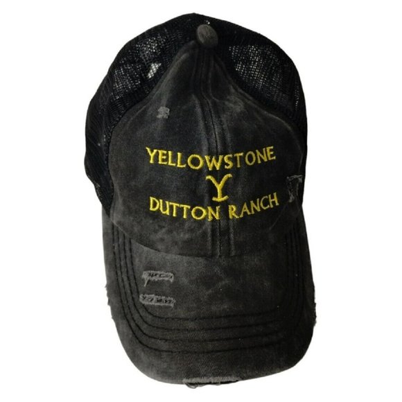 Distressed Yellowstone Dutton Ranch Ponytail Baseball Cap Hat Black Adjustable - Picture 1 of 8